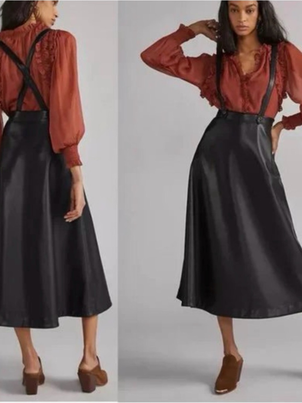 Anthropologie Black‎ leather Midi Skirt with Suspender Straps
